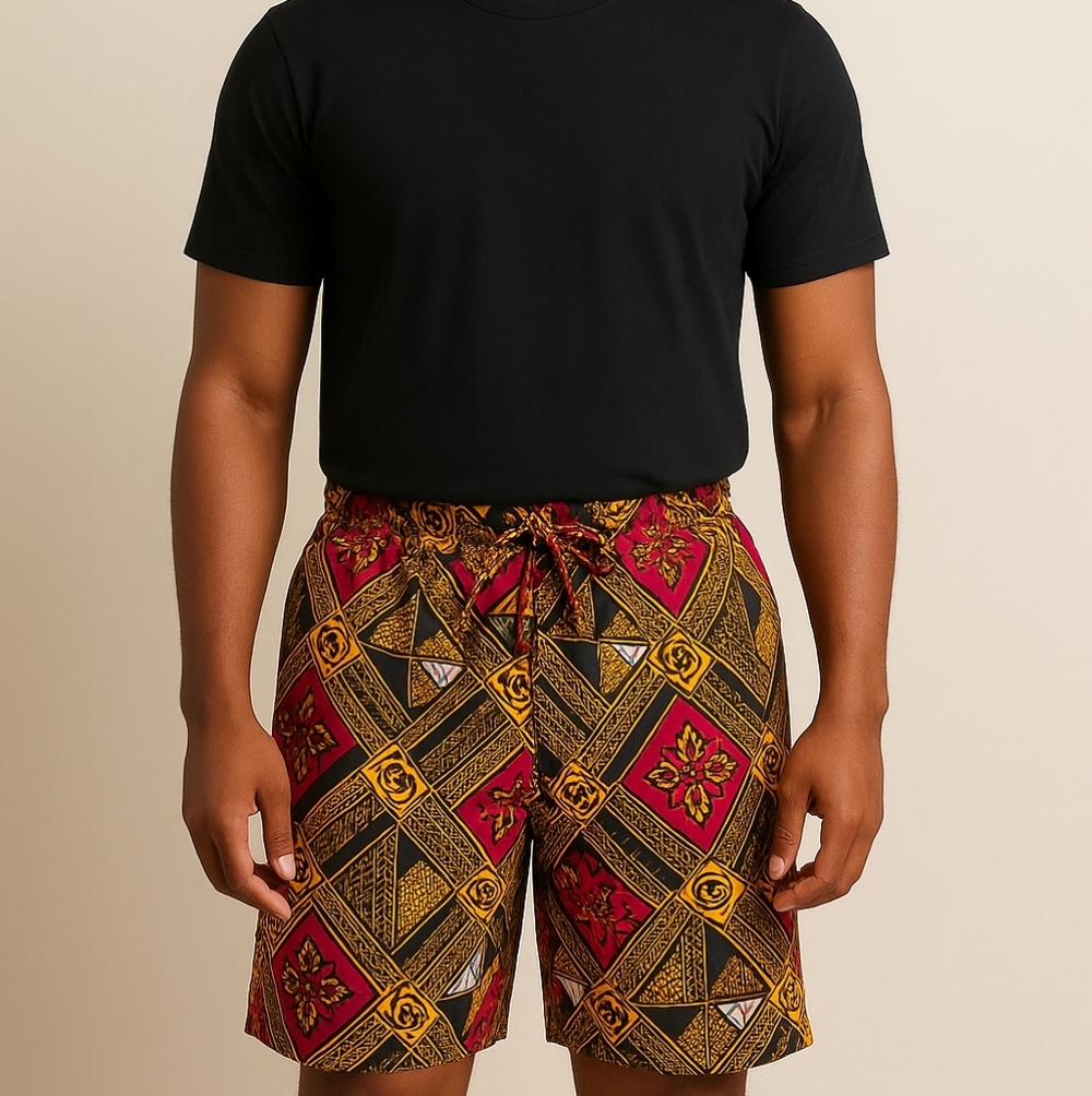 Men’s African Print Drawstring Shorts – Red Yellow Tribal Pattern – Size Medium